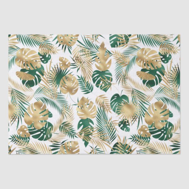 Gold & Green Tropical Leaves Tissue Paper (Front)