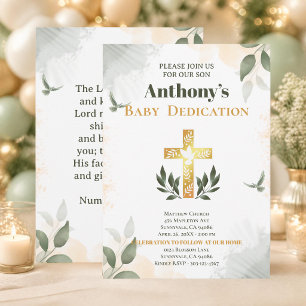 Gold Green Watercolor Cross Baby Dedication Verse Invitation