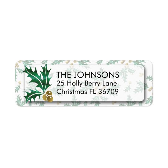 Gold & Green Watercolor Holly Leaves Pattern Return Address Label
