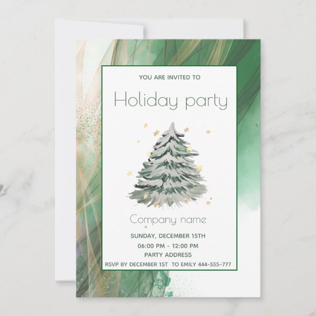Gold green watercolor pine tree Christmas party Invitation (Front)