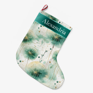 Gold Green White Flowers Christmas Name Large Christmas Stocking