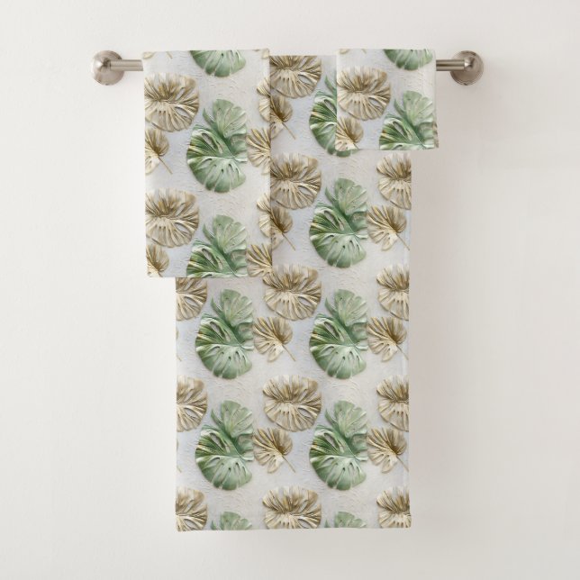 Gold Green White Tropical Leaves Bath Towel Set (Insitu)