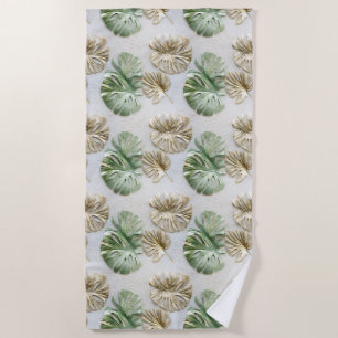 Gold Green White Tropical Leaves Beach Towel