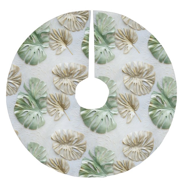 Gold Green White Tropical Leaves Brushed Polyester Tree Skirt (Front)