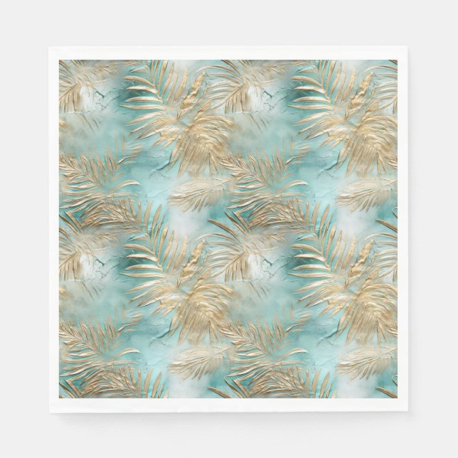 Gold Green White Tropical Leaves Napkin (Front)