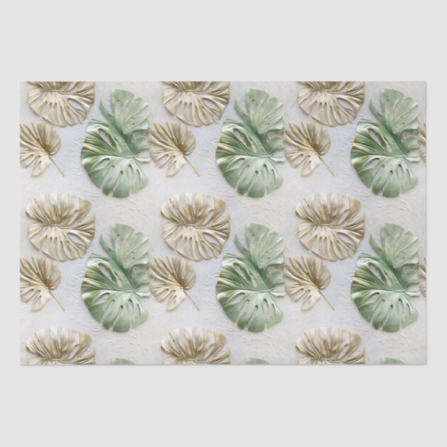 Gold Green White Tropical Leaves Tissue Paper (Front)