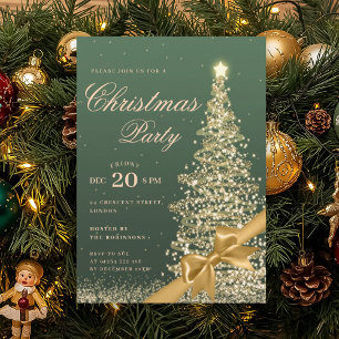 Gold Green Winter Christmas Tree Bow Holiday  Invitation
