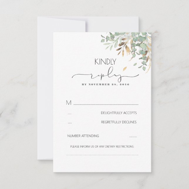 Gold Greenery and Eucalyptus Foliage Wedding RSVP Card (Front)