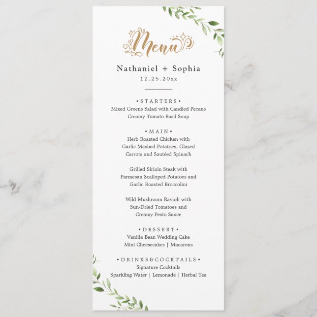 Gold Greenery Aquarelle Mariage Diner Menu (Devant)