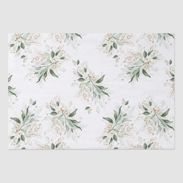 Gold Greenery Branches Elegant White Tissue Paper (Front)