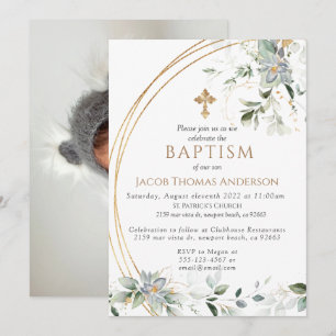 Gold Greenery Eucalyptus Boy Baptism Invitation