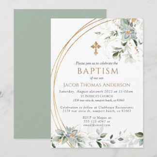  Gold Greenery Eucalyptus Boy Baptism Invitation