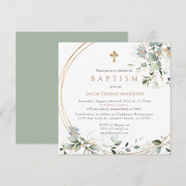  Gold Greenery Eucalyptus Boy Baptism Invitation (Devant / Derrière)