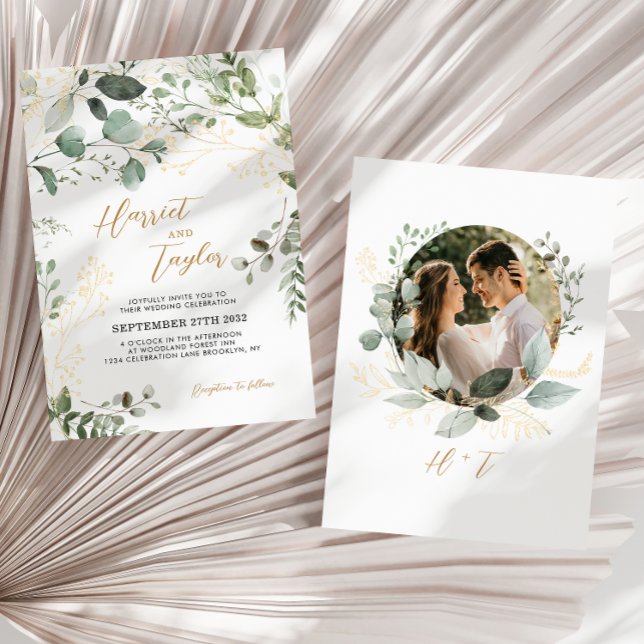 Gold Greenery Eucalyptus Photo Monogram Wedding  Invitation (Creator Uploaded)
