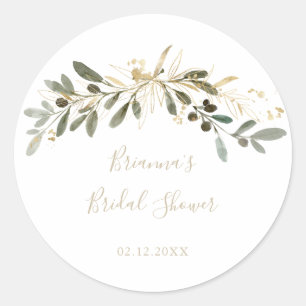 Gold Greenery Fall Bridal Shower Favour   Classic Round Sticker