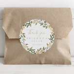 Gold Greenery Fall Thank You Wedding Favour   Classic Round Sticker<br><div class="desc">This gold greenery fall thank you wedding favour classic round sticker is perfect for a modern wedding. The design features charming artistic green and gold foliage. Make the sticker labels your own by including your names, the event (if applicable), and the date. These stickers can compliment a wedding reception, bridal...</div>