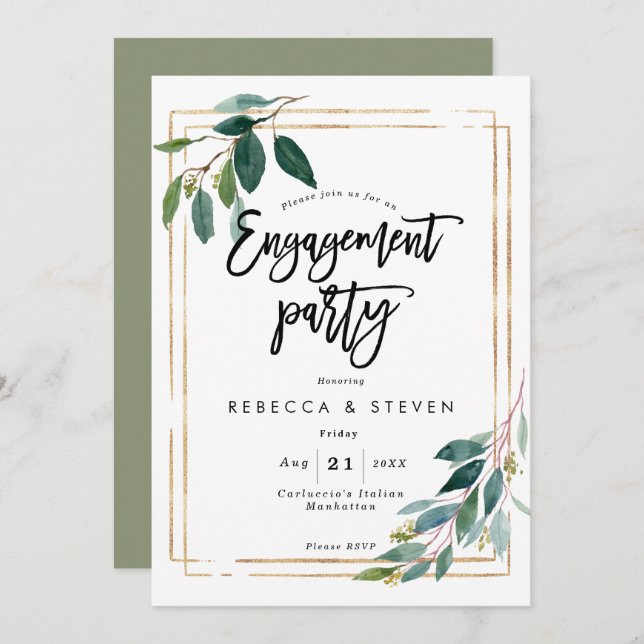 gold greenery floral engagement party invitation (Front/Back)