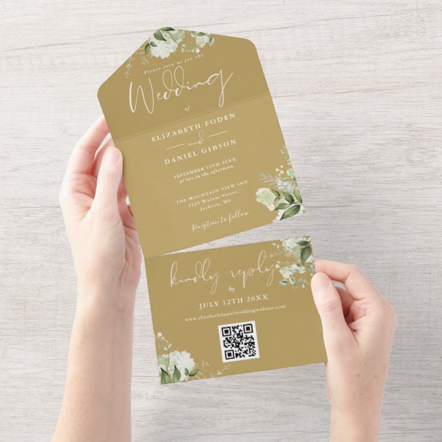 Gold Greenery Floral QR Code Monogram Wedding All In One Invitation (Tearaway)
