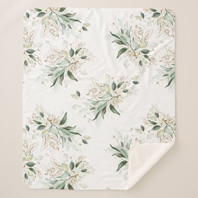 Gold Greenery Foliage Elegant White Romantic Sherpa Blanket (Front)