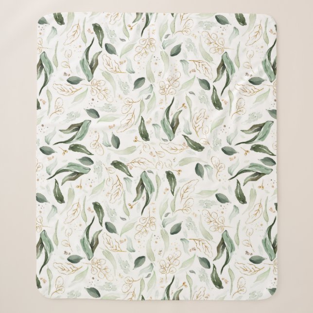 Gold Greenery Foliage Elegant White Romantic Sherpa Blanket (Front)