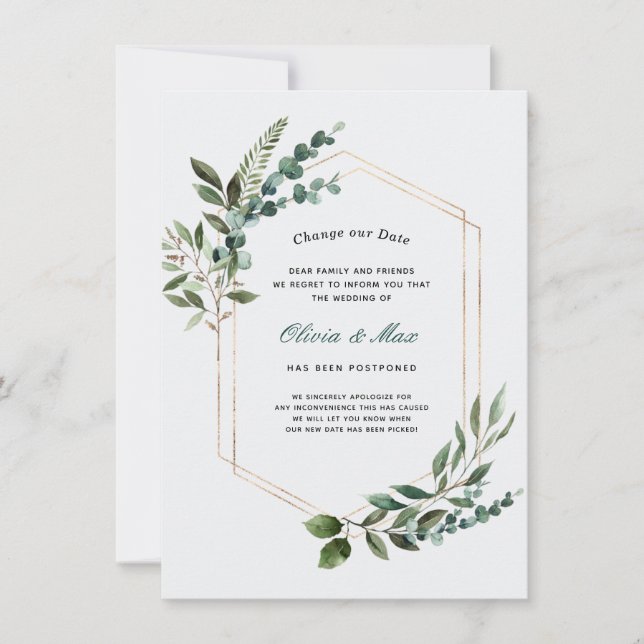 Gold Greenery Frame Postponed Wedding Announcement (Front)