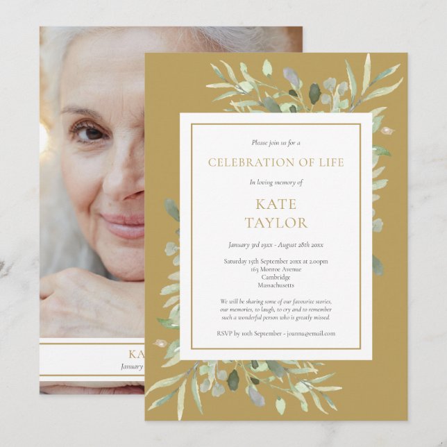 Gold Greenery Funeral Celebration of Life Photo Invitation (Front/Back)
