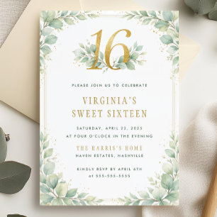Gold Greenery Leaves Sweet Sixteen 16 Birthday Invitation