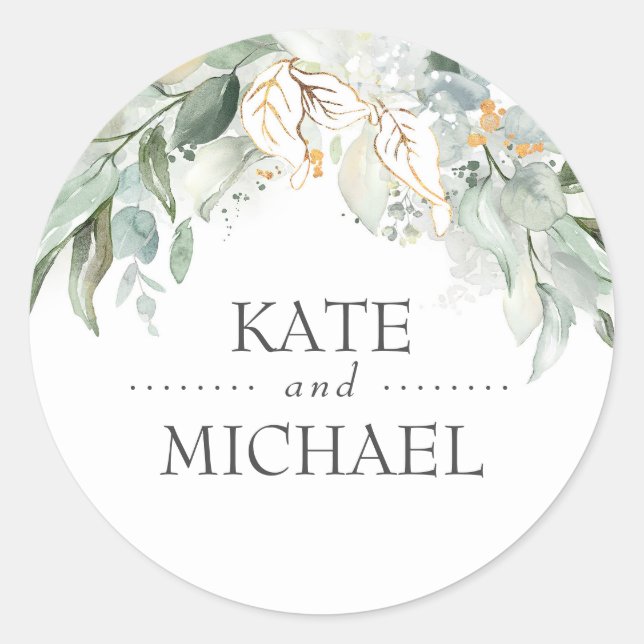 Gold Greenery Leaves Wreath Wedding Classic Round Sticker (Front)