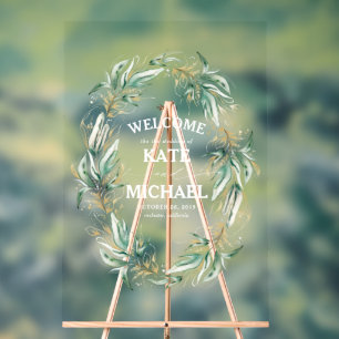 Gold Greenery Leaves Wreath Wedding Welcome Acrylic Sign