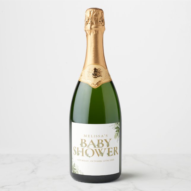 Gold Greenery Letter Baby Shower Sparkling Wine Label (Front)