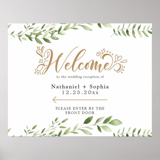 Gold Greenery Right Directional Wedding Welcome Poster (Front)