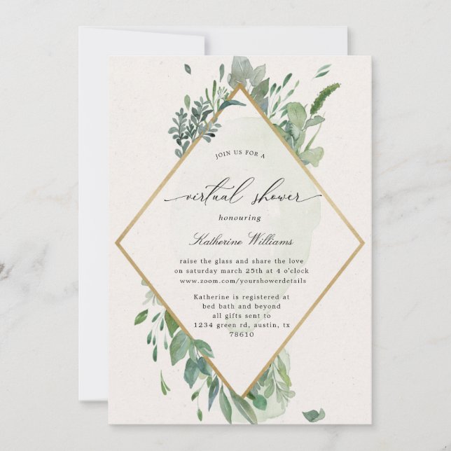  gold greenery virtual baby Shower Invitation (Front)