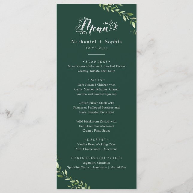 Gold Greenery Watercolor Wedding Dinner Menu (Front)