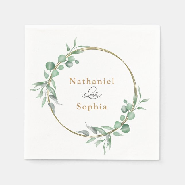 Gold Greenery Watercolor Wedding Napkin (Front)