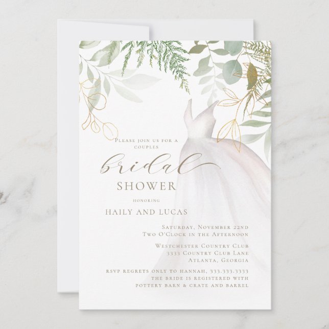 Gold Greenery Wedding Dress Couples Bridal Shower Invitation (Front)