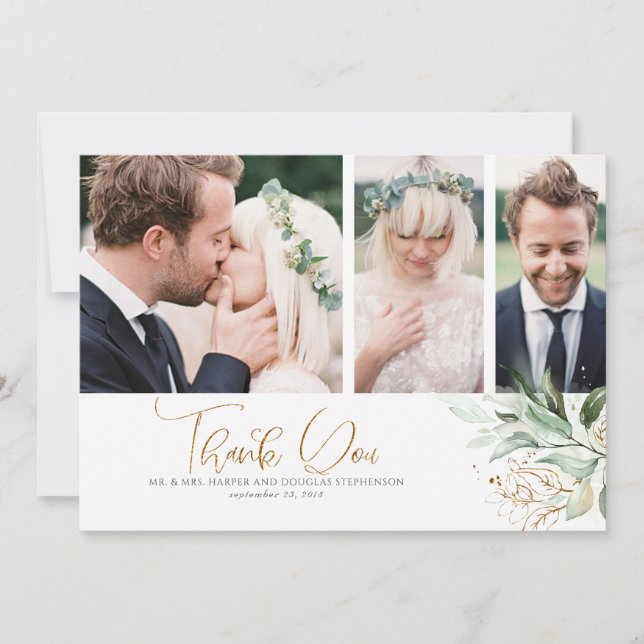 Gold Greenery Wedding Thank You Photo (Front)