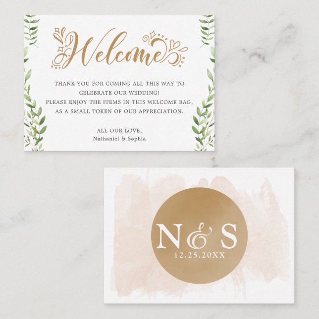 Gold Greenery Wedding Welcome Gift Bag Place Card (Front/Back)