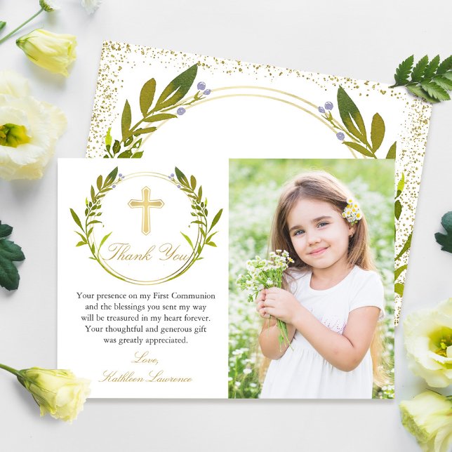 Gold Greenery Wreath Communion Carte de remercieme (Créateur téléchargé)