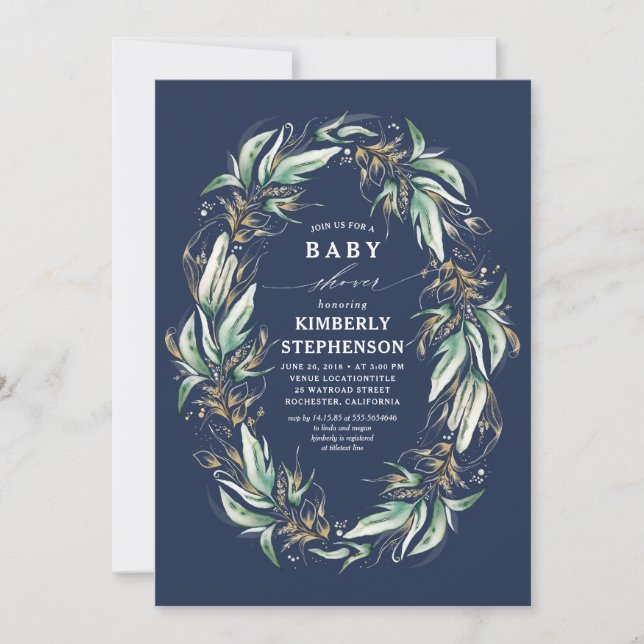 Gold Greenery Wreath Navy Blue Boho Baby Shower Invitation (Front)