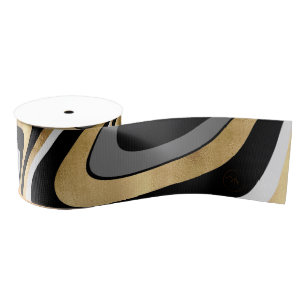 Gold Grey Abstract Swirl Retro Black Pattern Grosgrain Ribbon