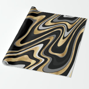 Gold Grey Abstract Swirl Retro Black Pattern Wrapping Paper