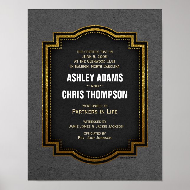 Gold Grey Black Alternative Wedding Certificate Poster (Front)