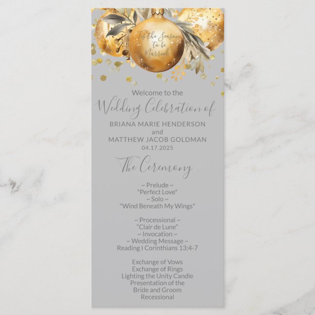Gold Grey Christmas Wedding Program (Front)