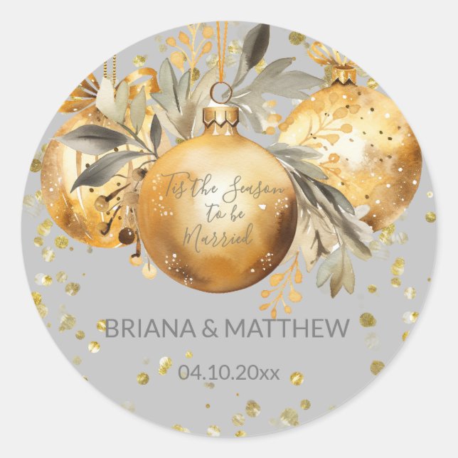 Gold Grey Christmas Wedding Seal Round Stickers (Front)