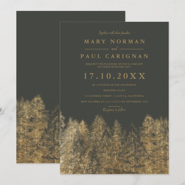 Gold grey Fall winter pine trees forest wedding Invitation (Front/Back)