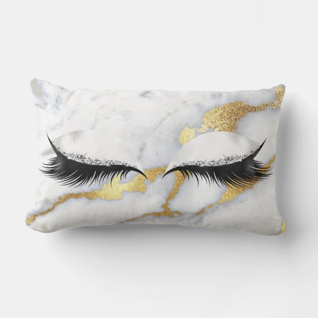Gold Grey Glitter Black Eyes Makeup Marble Stone Lumbar Pillow (Front)