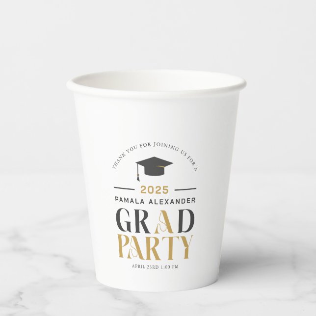 Gold Grey Grad Party Retro Typography Paper Cups (Front)