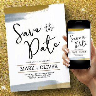 Gold grey minimalist abstract modern save the date invitation