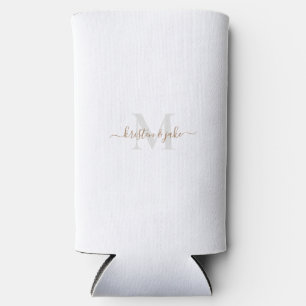 Gold & Grey Monogram & Script Names Wedding Seltzer Can Cooler