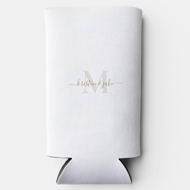 Gold & Grey Monogram & Script Names Wedding Seltzer Can Cooler (Front)